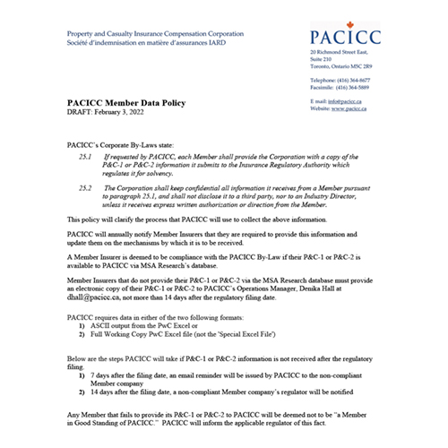 PACICC Member Data Policy