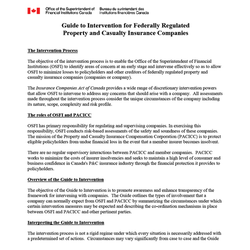 Guide to Intervention for Federally Regulated Property and Casualty Insurance Companies